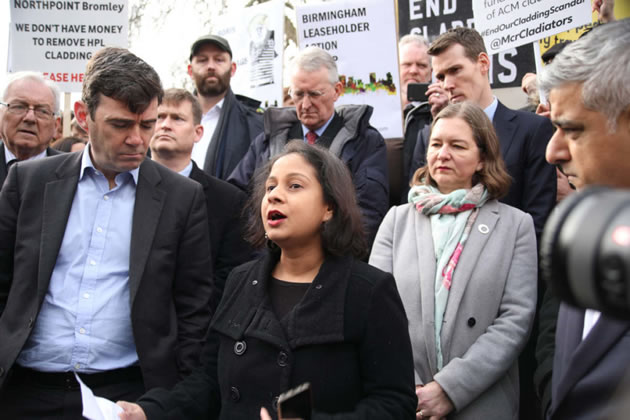 Ms Anderson (grey coat) with Sadiq Khan & Andy Burnham cladding demo earlier this year