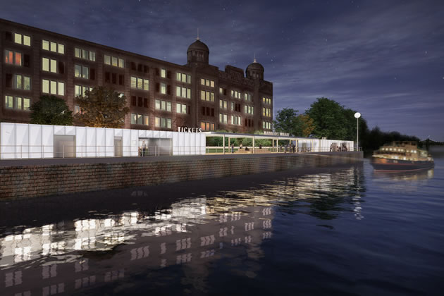 Architect\'s illustration of Harrods Wharf View From River Looking South. Credit: Lifschutz Davidson Sandilands