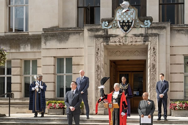 The proclamation is made on the Town Hall steps 