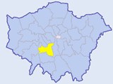 Map of London highlighting Wandsworth borough.